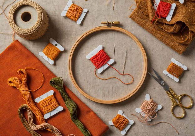 Вышивальный набор на деревянном столе